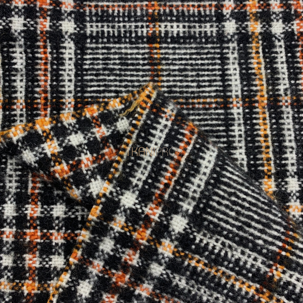 Ткань пальтовая клетка, арт. W3108-2 цвет черный, белый, оранжевый и желтый